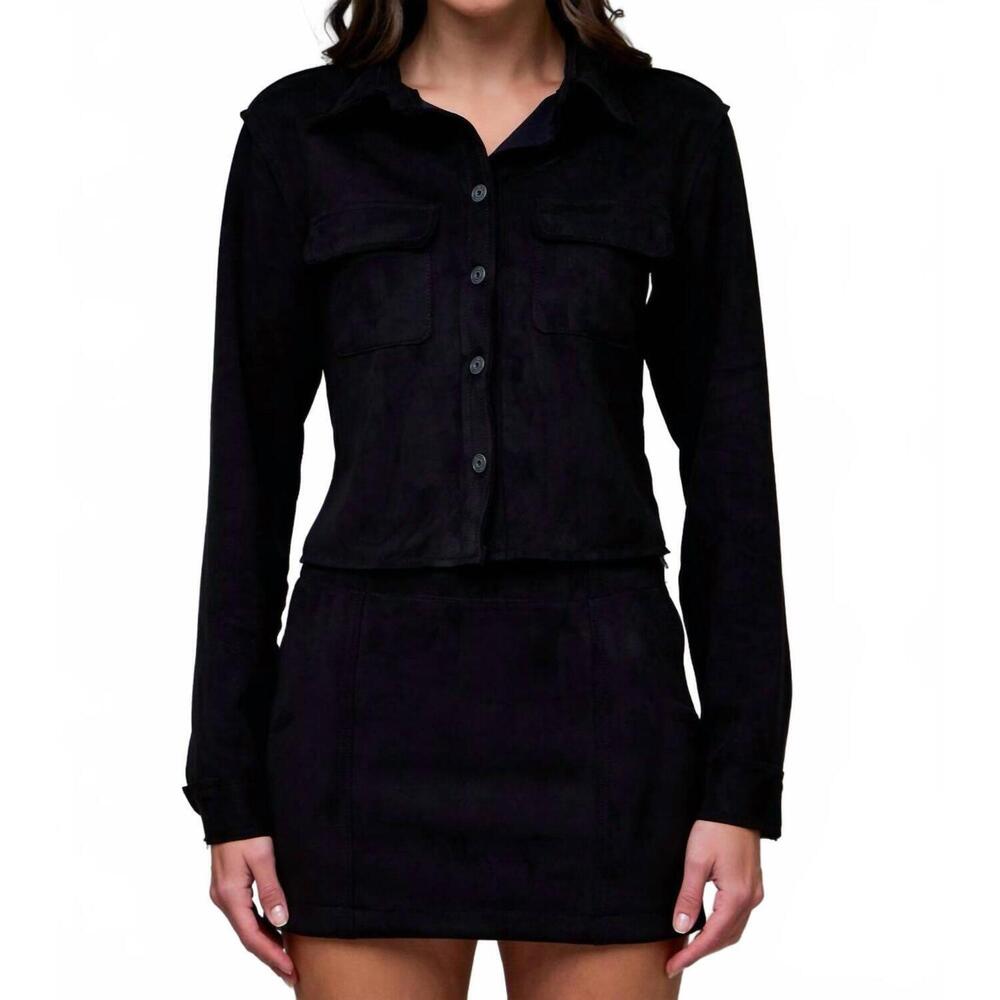 NEW HIDDEN suede shrunken button-up shirt in black